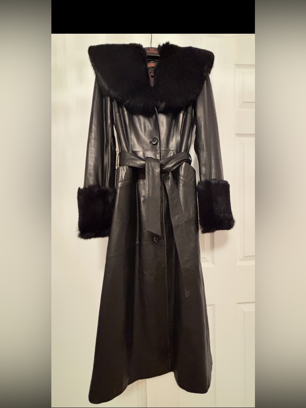 Danier Black Leather Trench Coat with Rabbit Fur Trim